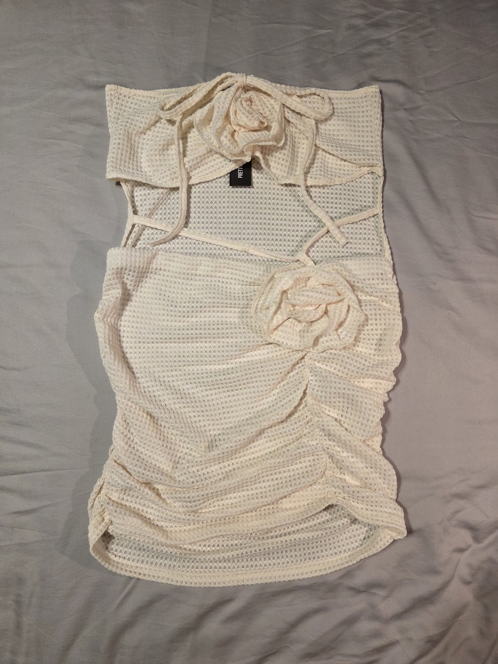 PrettyLittleThing Cream Crochet Cutout Dress with Crochet Floral Accents